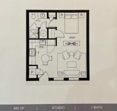 Floor plan for studio, 1 bath, 408 sqft